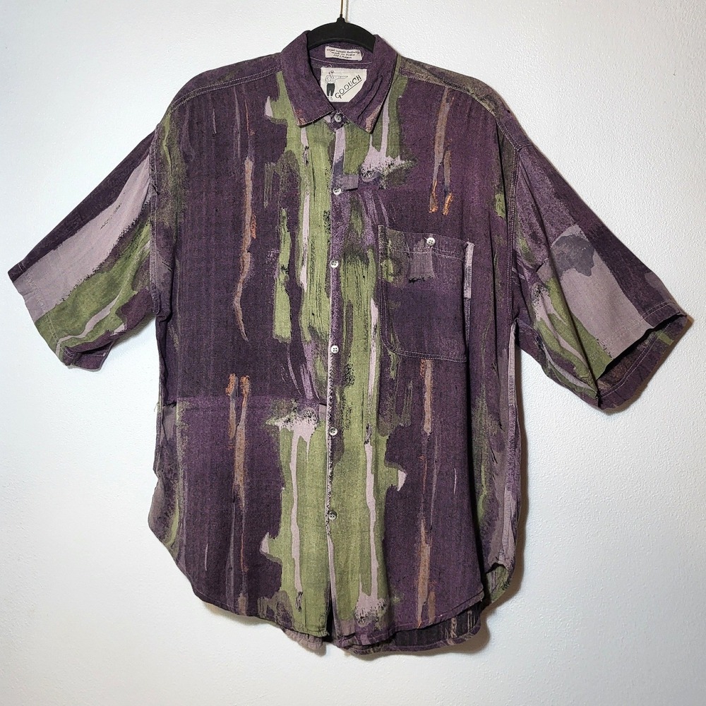 VTG Goouch Abstract Brushstroke Rayon Shirt Mens Medium Purple 90s Boho Art Y2K